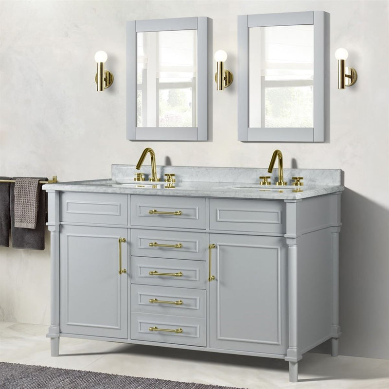 Bellaterra Home 800632-60DGD-LG Napa 60" vanity, Light Gray, white Carrara marble top, installed in a bathroom