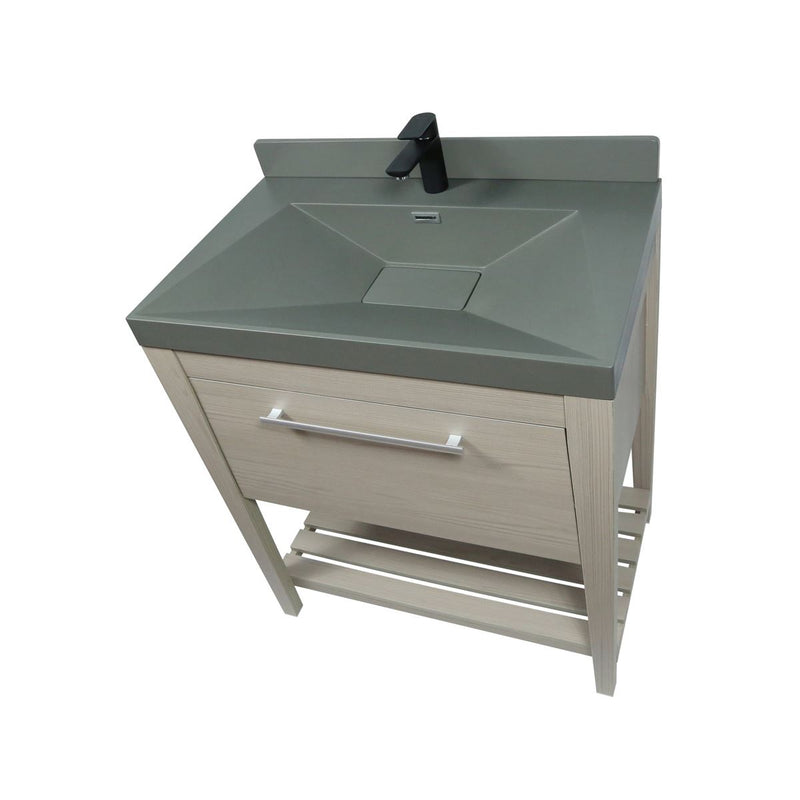 Bellaterra Home 804353V-EP-GY 31.5" vanity, Light Gray, composite granite top, countertop and sink close-up