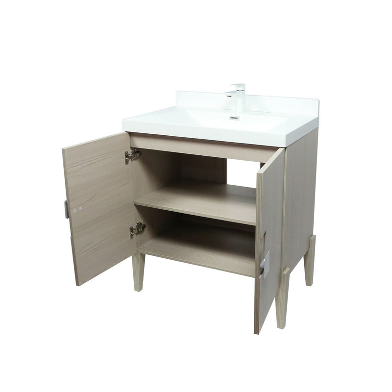 Bellaterra Home 804366V-EP 31.5" vanity, Light Gray, composite granite top, angled view with doors open showing the shelf