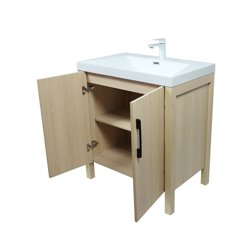Bellaterra Home 804381V-CO 31.5" vanity, Neutral, composite granite top, angled view with doors open showing the shelf