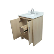 Bellaterra Home 808130-25-CO 25" vanity, Neutral, white engineered stone top, angled view with doors open showing the shelf