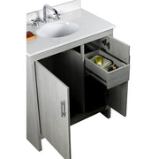 Bellaterra Home 808130-30-GP-WEO 31" vanity, Gray Pine, white engineered stone top, angled view with doors open showing the