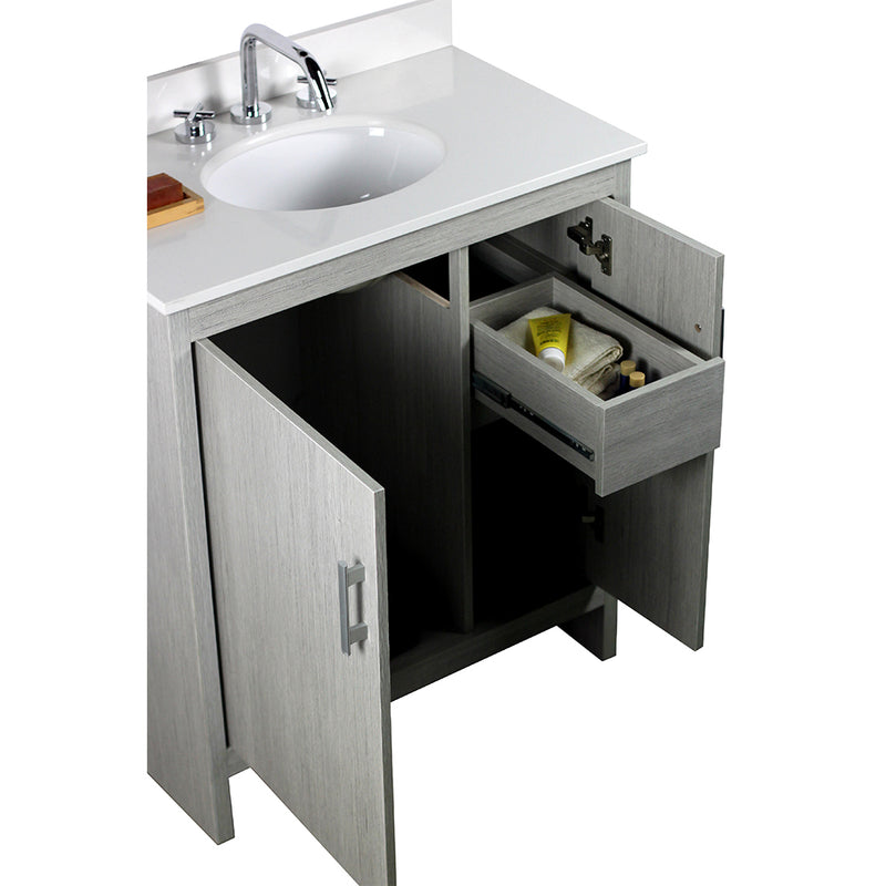 Bellaterra Home 808130-30-GP-WEO 31" vanity, Gray Pine, white engineered stone top, angled view with doors open showing the
