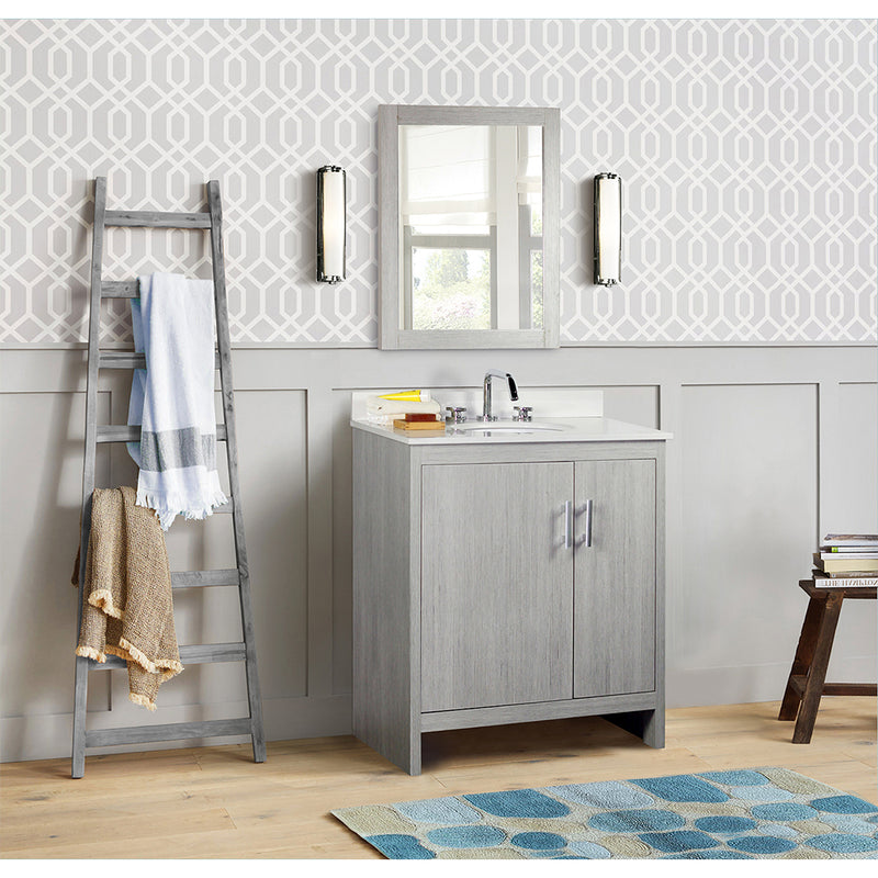 Bellaterra Home 808130-30-GP-WEO 31" vanity, Gray Pine, white engineered stone top, installed in a bathroom