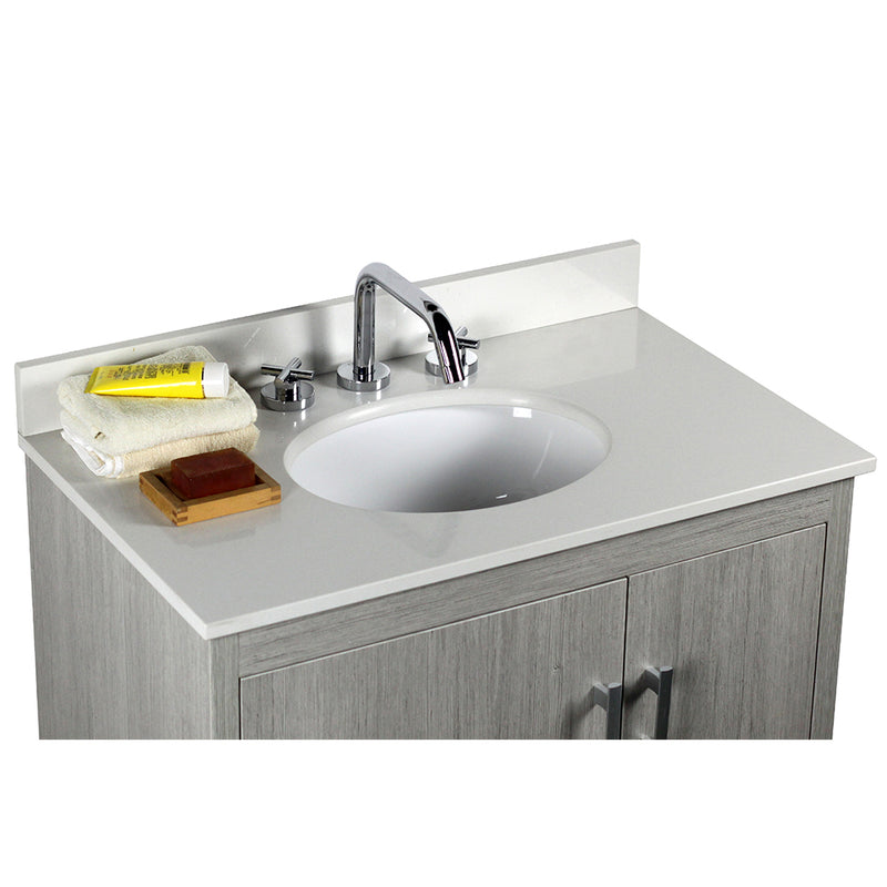 Bellaterra Home 808130-30-GP-WEO 31" vanity, Gray Pine, white engineered stone top, countertop and sink close-up