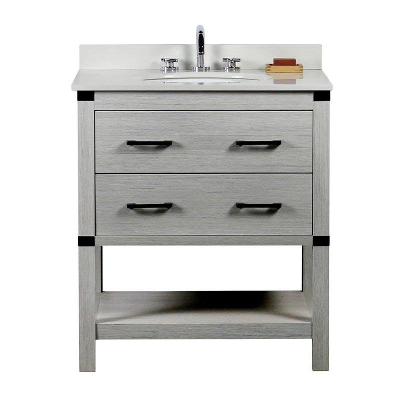 Bellaterra Home 808175-30-GP-WEO 31" vanity, Gray Pine, white engineered stone top, front view on a white background