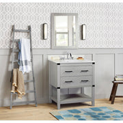 Bellaterra Home 808175-30-GP-WEO 31" vanity, Gray Pine, white engineered stone top, installed in a bathroom