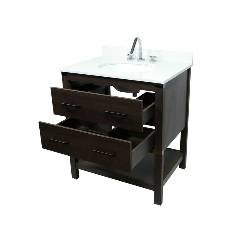 Bellaterra Home 808175-31-RG 31" vanity, Gray, white engineered stone top, angled view with the drawer open