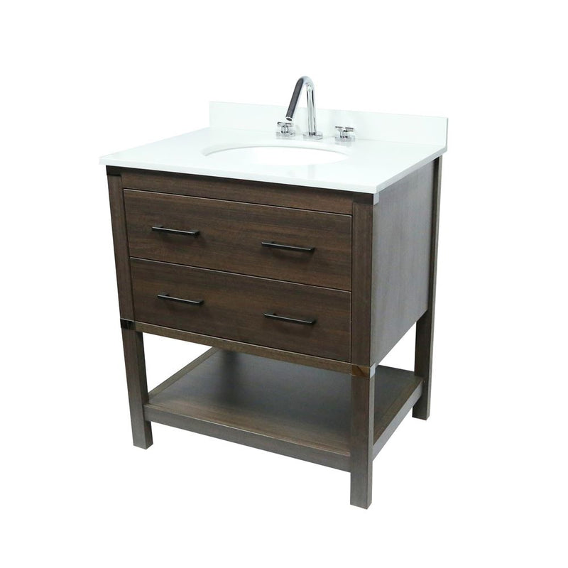 Bellaterra Home 808175-31-RG 31" vanity, Gray, white engineered stone top, angled view on a white background