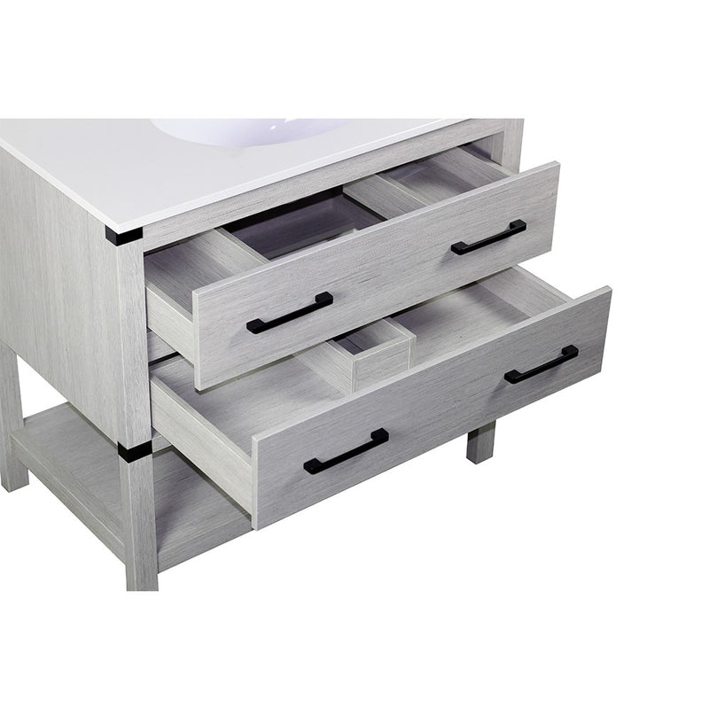 Bellaterra Home 808175-36-GP-WEO 37" vanity, Gray Pine, white engineered stone top, angled view with the drawer open