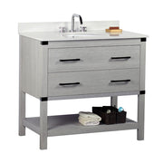 Bellaterra Home 808175-36-GP-WEO 37" vanity, Gray Pine, white engineered stone top, angled view on a white background