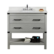 Bellaterra Home 808175-36-GP-WEO 37" vanity, Gray Pine, white engineered stone top, front view on a white background
