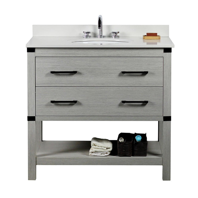 Bellaterra Home 808175-36-GP-WEO 37" vanity, Gray Pine, white engineered stone top, front view on a white background