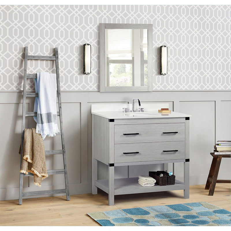 Bellaterra Home 808175-36-GP-WEO 37" vanity, Gray Pine, white engineered stone top, installed in a bathroom