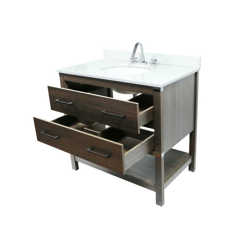 Bellaterra Home 808175-37-RG 37" vanity, Gray, white engineered stone top, angled view with the drawer open