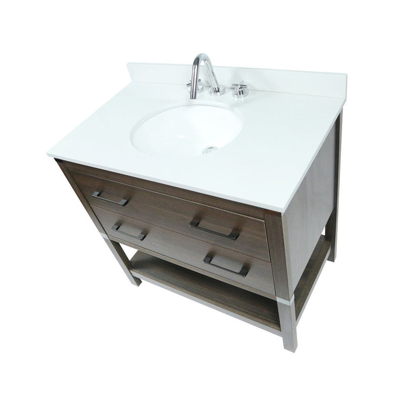 Bellaterra Home 808175-37-RG 37" vanity, Gray, white engineered stone top, countertop and sink close-up