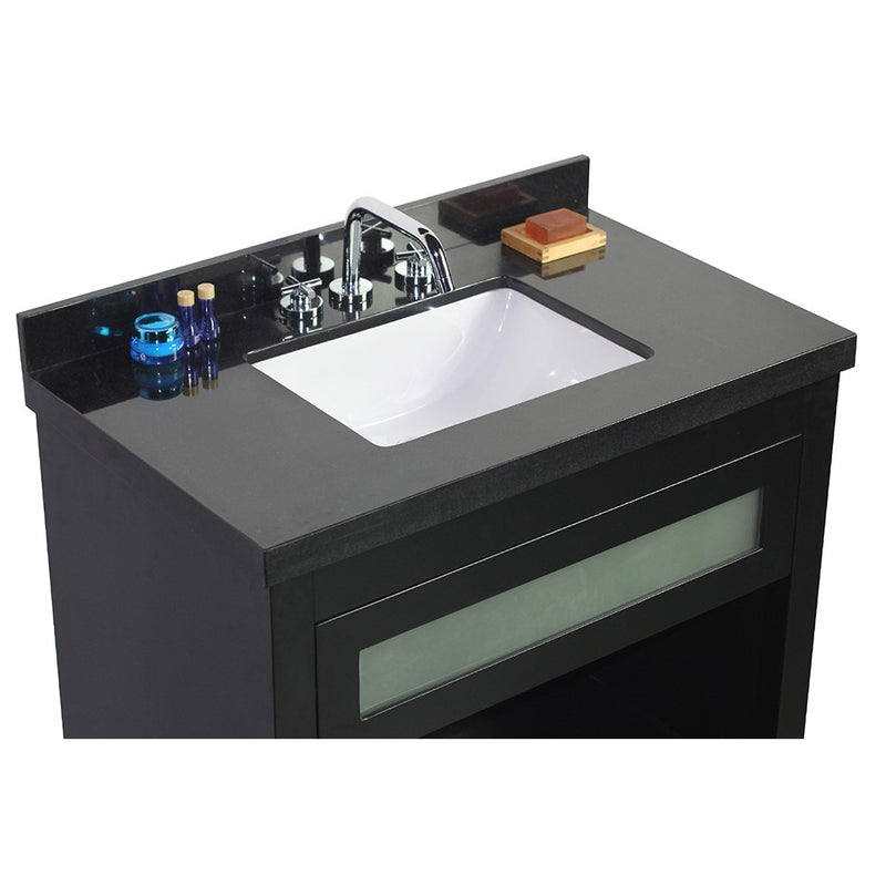 Bellaterra Home 808185-36-BL-BGR 37" vanity, Matte Black, Black Galaxy granite top, countertop and sink close-up