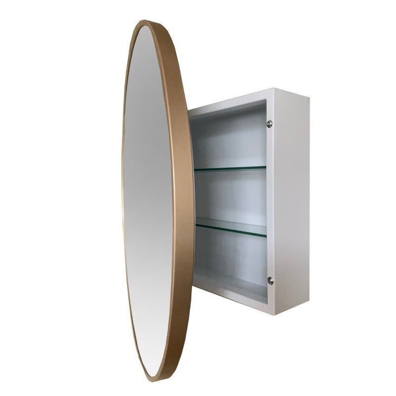 Bellaterra Home 8820-MC-GD 26" storage cabinet, Gold, angled view with doors open showing the shelf