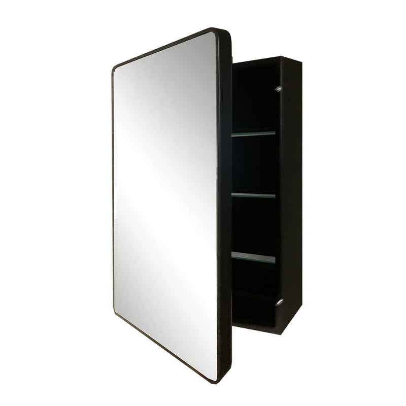Bellaterra Home 8821-MC-BL 17.7" storage cabinet, Black, angled view with doors open showing the shelf