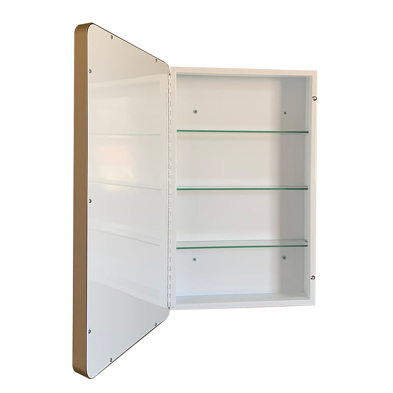 Bellaterra Home 8821-MC-GD 17.7" storage cabinet, Gold, angled view with doors open showing the shelf