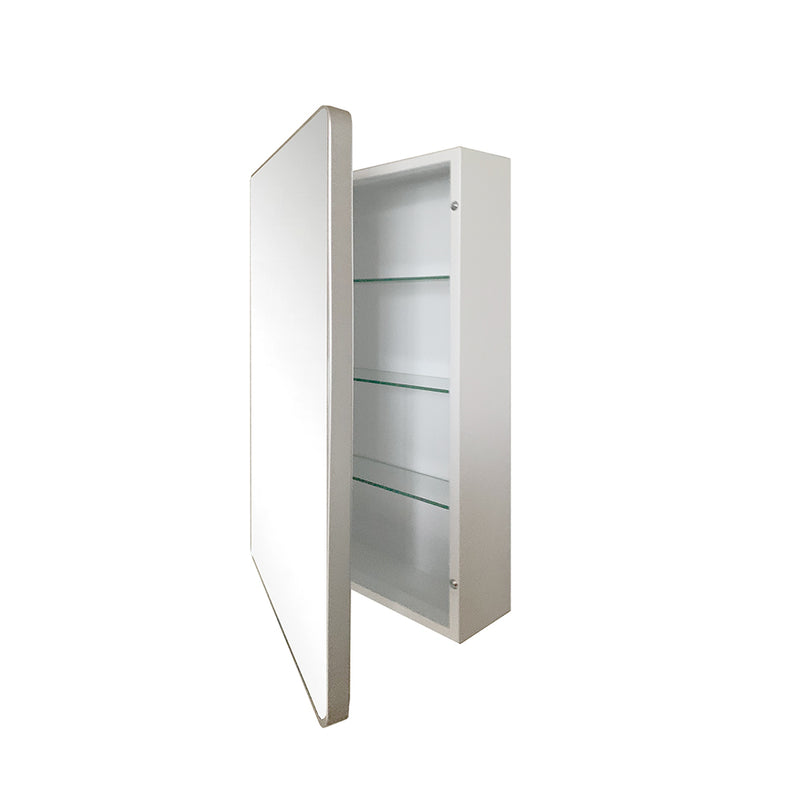 Bellaterra Home 8821-MC-SL 17.7" storage cabinet, Silver, angled view with doors open showing the shelf