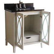 Bellaterra Home 9009-30-LG-BG 30" vanity, Light Gray, Black Galaxy granite top, angled view with doors open showing the shelf
