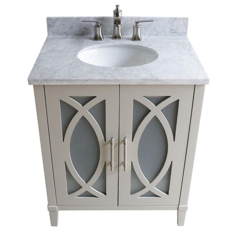 Bellaterra Home 9009-30-LG-WC 30" vanity, Light Gray, White Carrara marble top, countertop and sink close-up