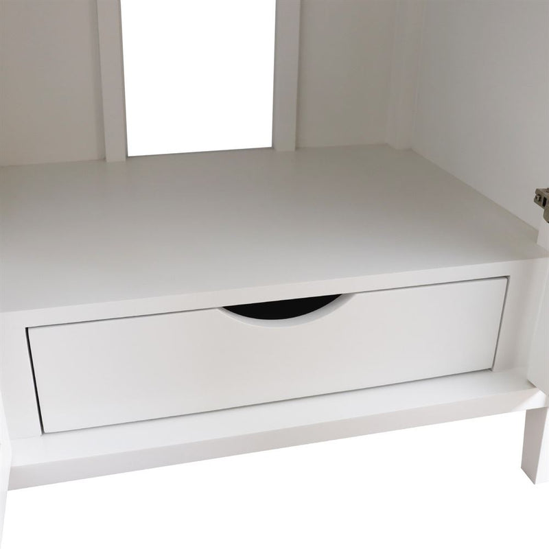 Bellaterra Home 9009-30-WH-BG 30" vanity, White, Black Galaxy granite top, angled view with the drawer open