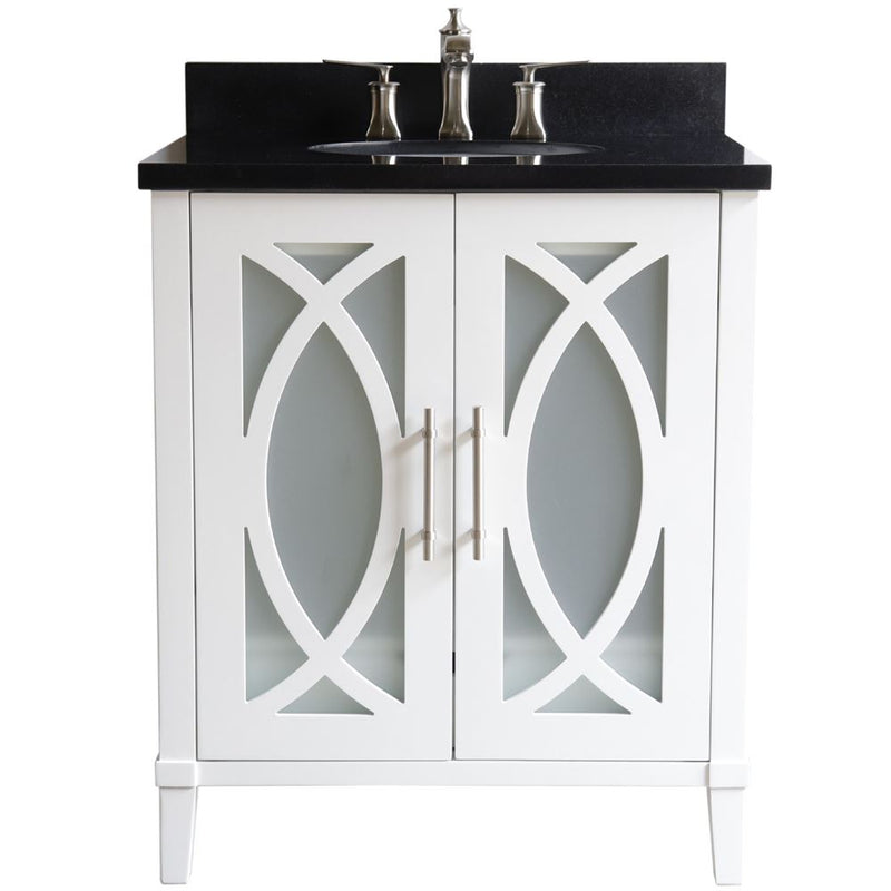 Bellaterra Home 9009-30-WH-BG 30" vanity, White, Black Galaxy granite top, front view on a white background