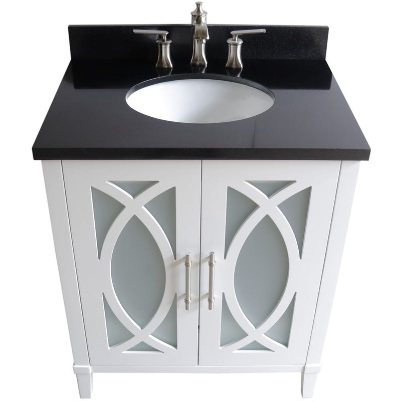 Bellaterra Home 9009-30-WH-BG 30" vanity, White, Black Galaxy granite top, countertop and sink close-up