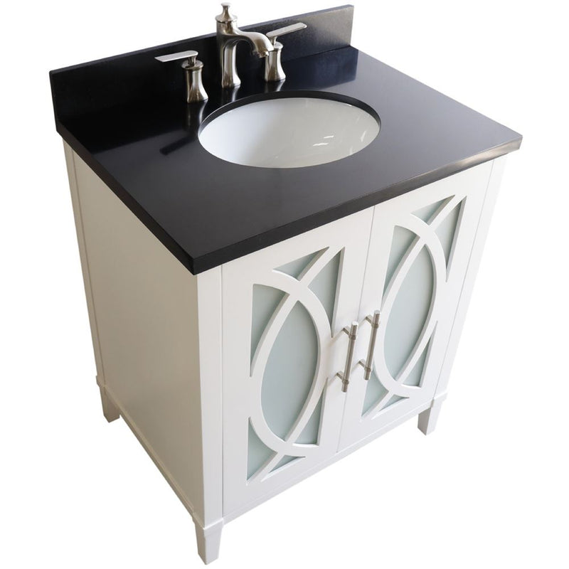 Bellaterra Home 9009-30-WH-BG 30" vanity, White, Black Galaxy granite top, countertop and sink close-up, shot 2
