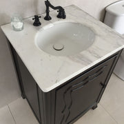 Bellaterra Home 9010-24-SW-JW 24" vanity, Sable Walnut, Jazz White marble top, countertop and sink close-up