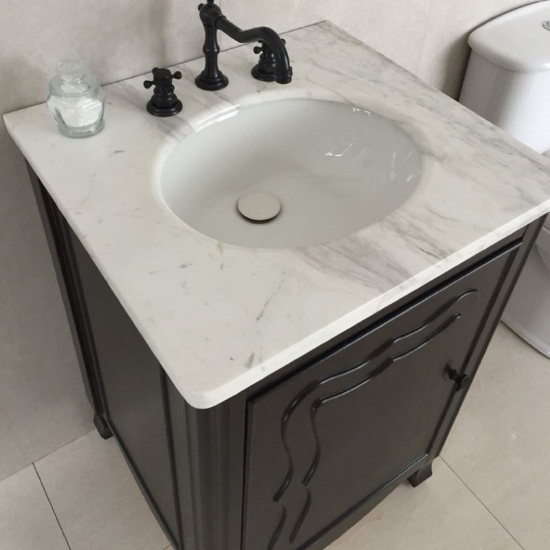 Bellaterra Home 9010-24-SW-JW 24" vanity, Sable Walnut, Jazz White marble top, countertop and sink close-up