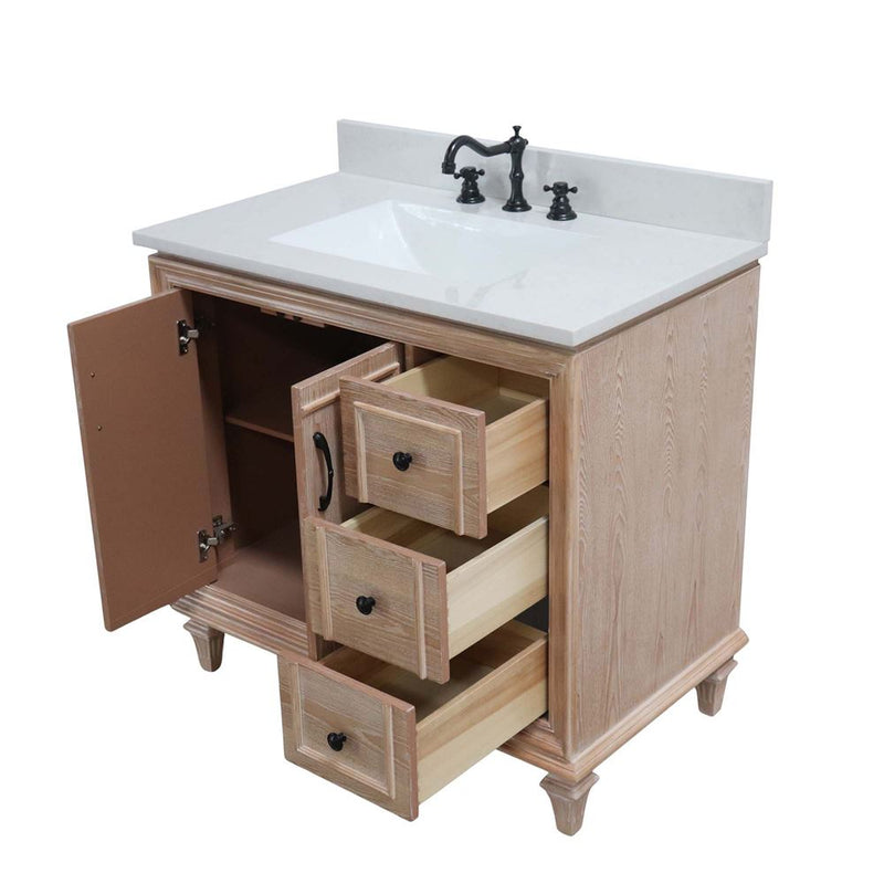 Bellaterra Home A3722-MT3-AQ Sintra 37" vanity, Weathered Neutral, white engineered stone top, angled view with doors open
