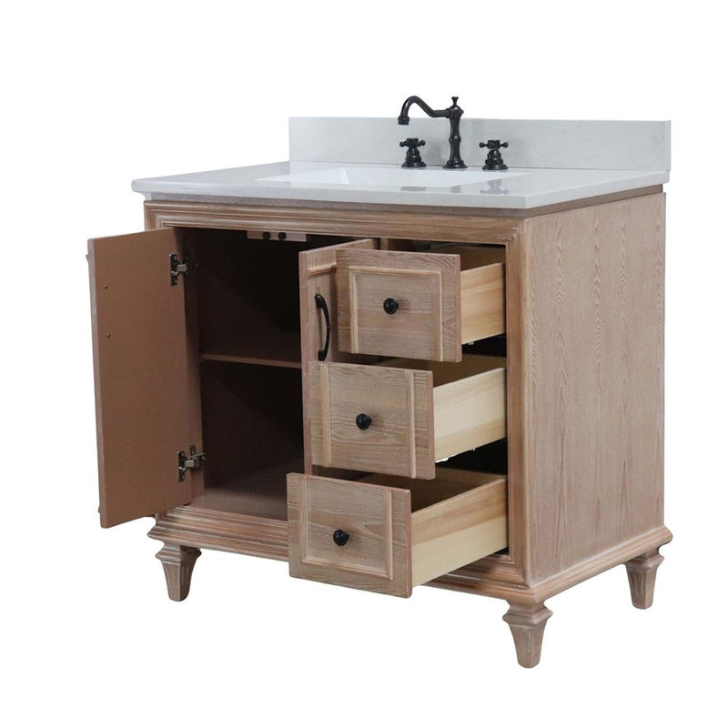 Bellaterra Home A3722-MT3-AQ Sintra 37" vanity, Weathered Neutral, white engineered stone top, angled view with the drawer