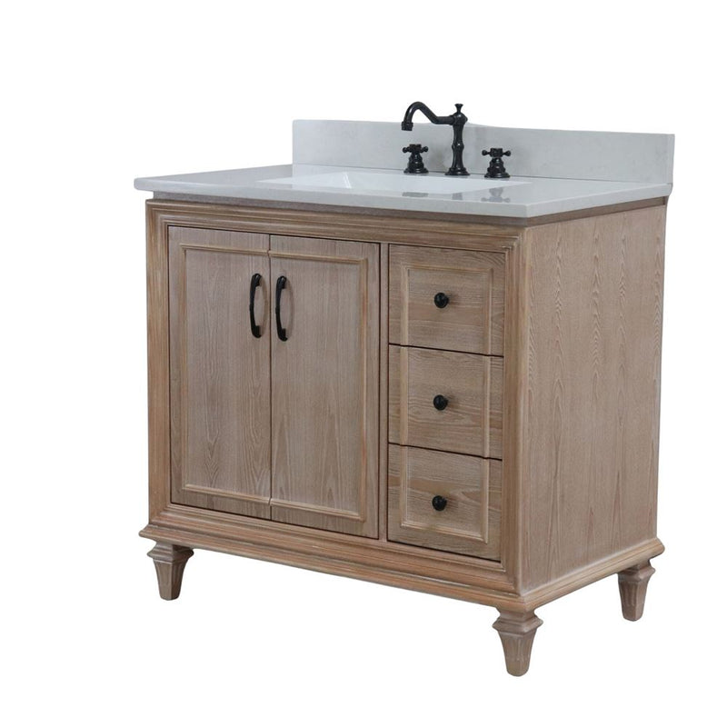 Bellaterra Home A3722-MT3-AQ Sintra 37" vanity, Weathered Neutral, white engineered stone top, angled view on a white