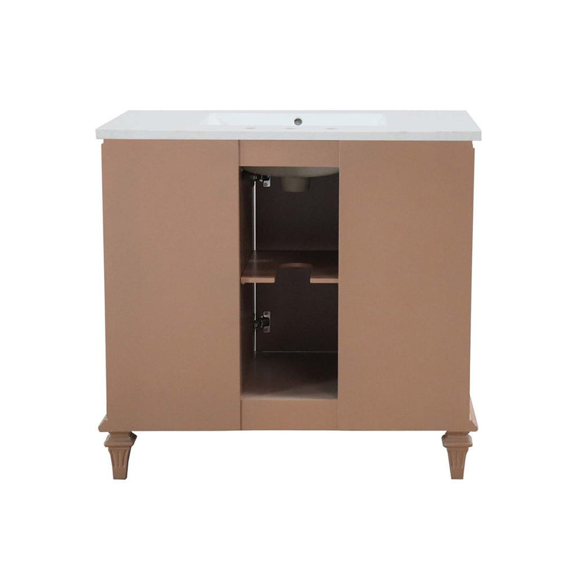 Bellaterra Home A3722-MT3-AQ Sintra 37" vanity, Weathered Neutral, white engineered stone top, back view