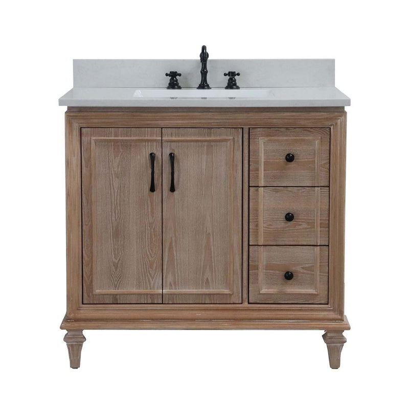 Bellaterra Home A3722-MT3-AQ Sintra 37" vanity, Weathered Neutral, white engineered stone top, front view on a white