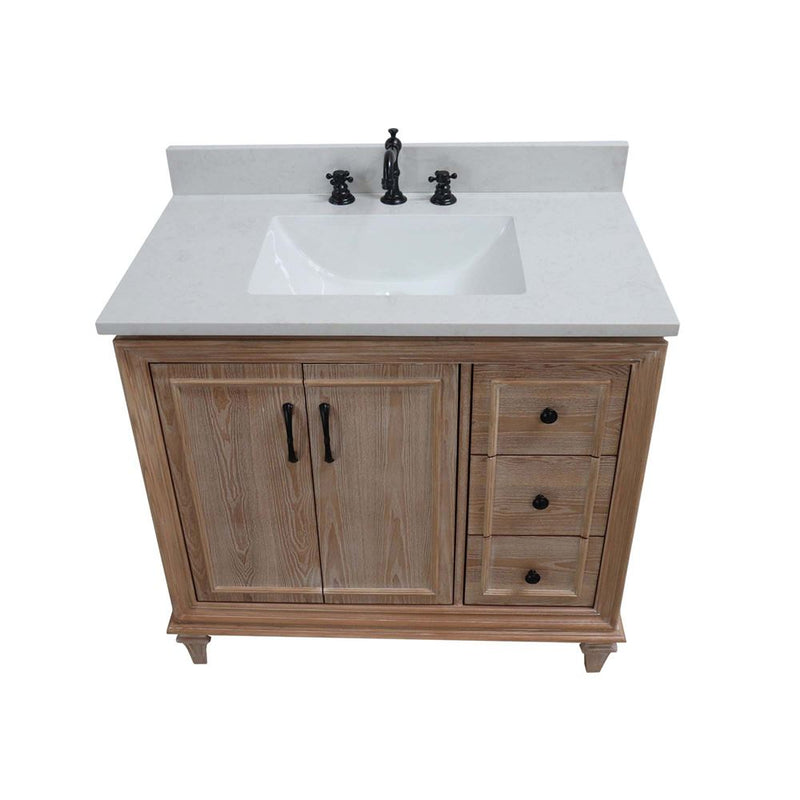 Bellaterra Home A3722-MT3-AQ Sintra 37" vanity, Weathered Neutral, white engineered stone top, high angle front