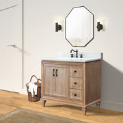 Bellaterra Home A3722-MT3-AQ Sintra 37" vanity, Weathered Neutral, white engineered stone top, installed in a bathroom