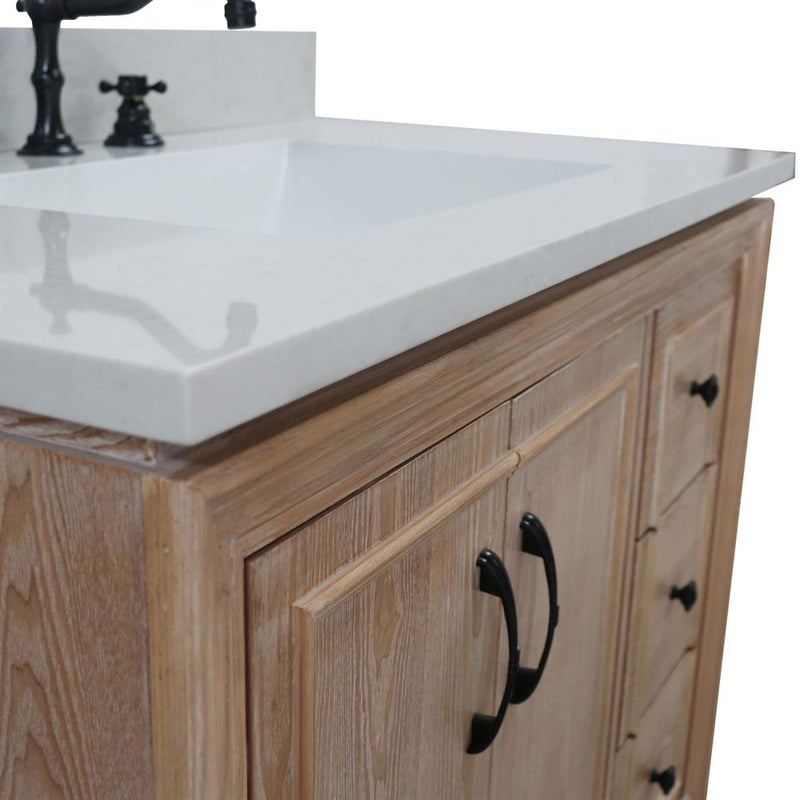 Bellaterra Home A3722-MT3-AQ Sintra 37" vanity, Weathered Neutral, white engineered stone top, countertop and sink close-up