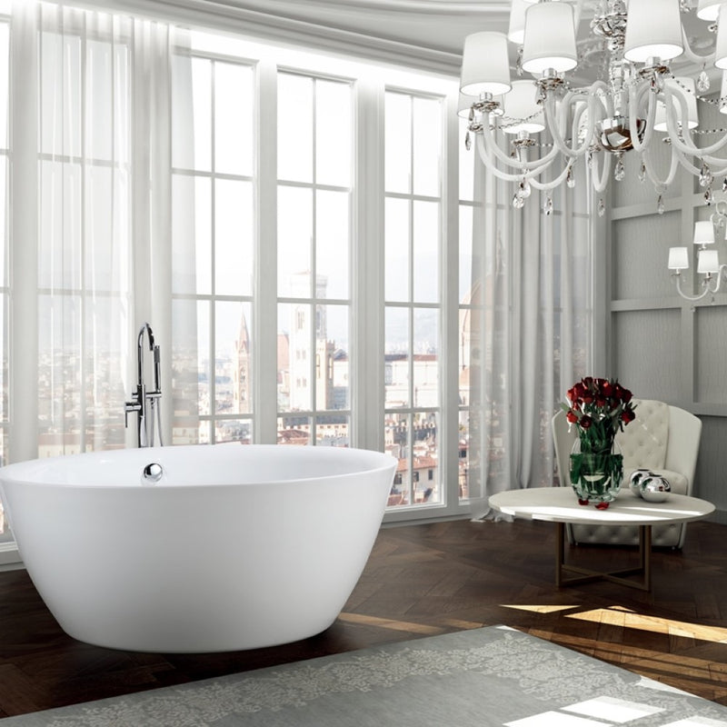 Bellaterra Home BA6832 Pescara 59" freestanding tub, white high gloss, installed in a bathroom