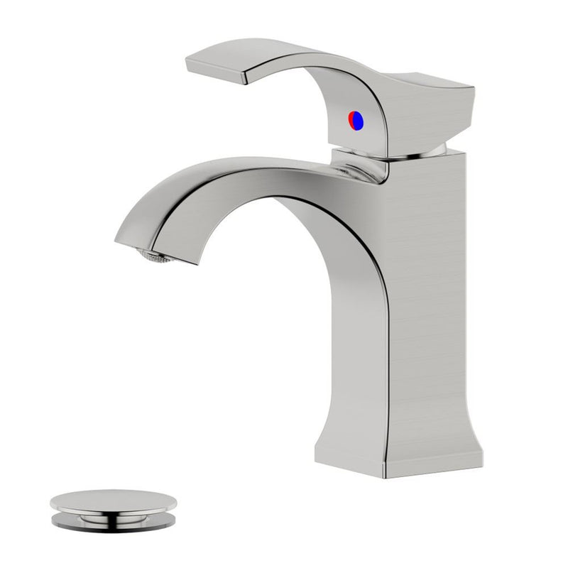 Bellaterra Home S8352-1-BN-W Kediri bathroom faucet, Brushed Nickel, front view on a white background