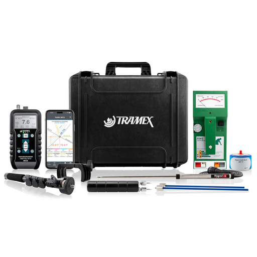 Tramex Building Survey Master Kit - BSMK An image of the Tramex Building Survey Master Kit displayed on a white background, showcasing its various components including moisture meters and accessories.
