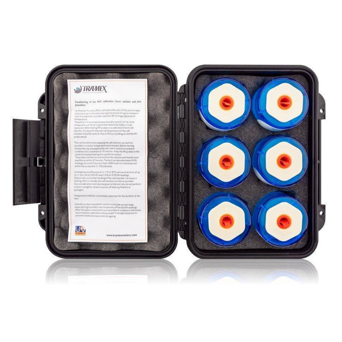 Tramex RH Calibration Salt Check - SAL75 A six-pack case of calibration salts for Tramex moisture meters, displayed with individual packs visible, showcasing their design and labeling.