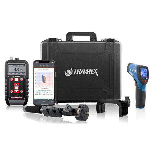 Tramex Concrete Coatings Inspector Kit - CCIK A comprehensive kit featuring various tools and accessories for inspecting concrete coatings, displayed in an organized layout on a neutral background.