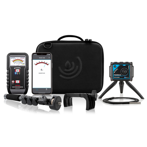 Tramex Concrete Coatings Installer Tech Kit - CCTK A compact kit featuring essential tools for concrete coating installation, including meters for moisture measurement and surface preparation equipment.