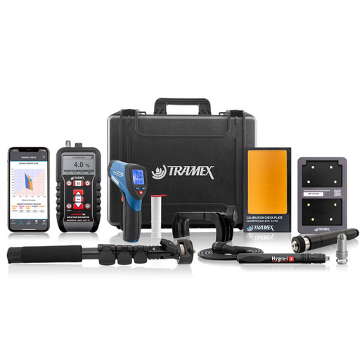 Tramex Concrete Determinator Inspector Kit - CDIK A comprehensive kit designed for measuring moisture content in concrete, featuring various tools and devices, presented against a neutral background.