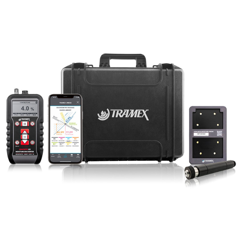 Tramex Concrete Determinator Tech Kit - CDTK A compact tech kit featuring the Tramex Concrete Determinator device, designed for measuring moisture levels in concrete. The kit includes essential accessories for effective moisture testing.