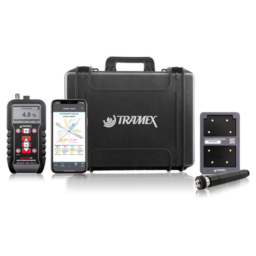Tramex Concrete Determinator Tech Kit - CDTK A compact tech kit featuring the Tramex Concrete Determinator device, designed for measuring moisture levels in concrete. The kit includes essential accessories for effective moisture testing.